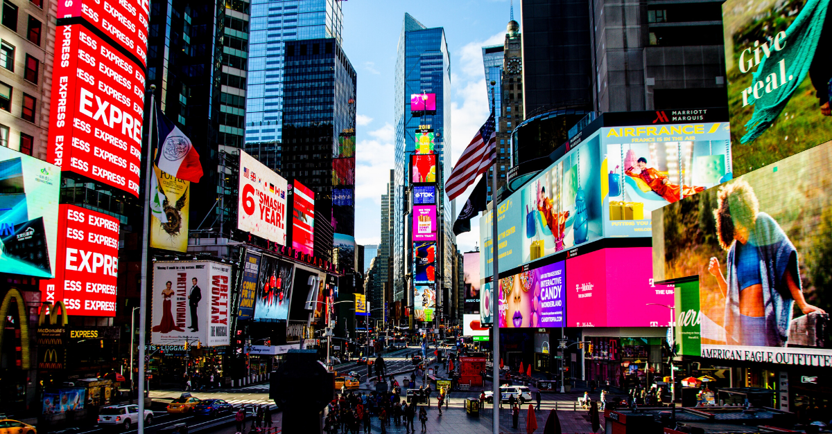 Image of New York City with an array of digital billboards fighting for attention